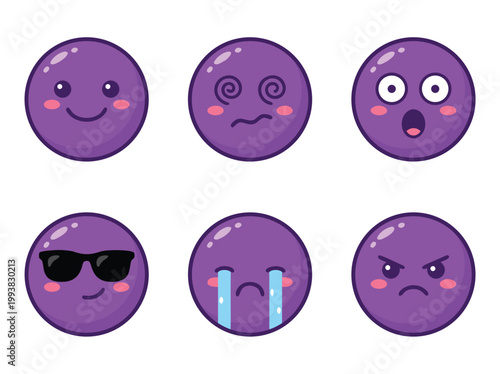 Purple Emoji Set Expressing Various Emotions and Reactions.