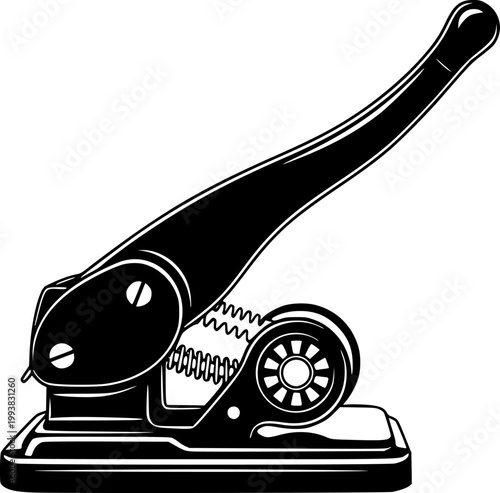 Black silhouette of vintage manual paper hole punch machine isolated on white background
