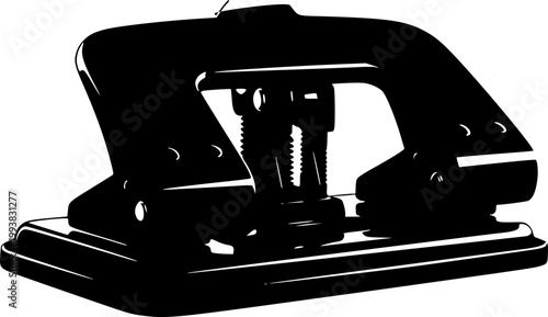 Black silhouette of vintage manual paper hole punch machine isolated on white background
