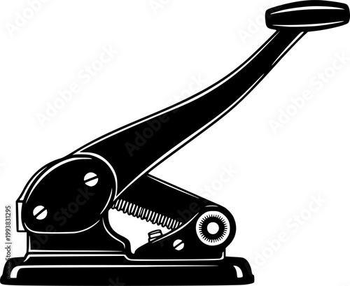 Black silhouette of vintage manual paper hole punch machine isolated on white background
