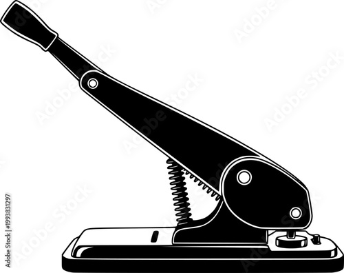 Black silhouette of vintage manual paper hole punch machine isolated on white background
