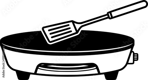 Black and white flat illustration of a crepe maker with a spatula on top isolated on white background
