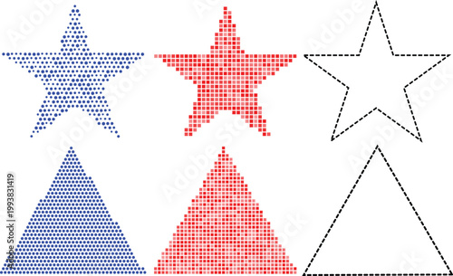 Halftone star and triangle shapes in blue red and black
