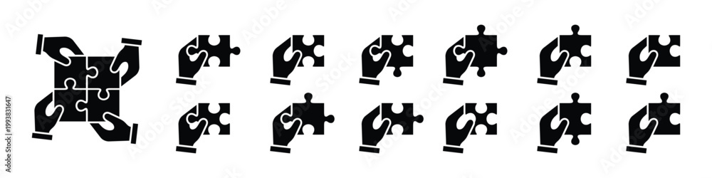 Fototapeta premium Hands holding jigsaw puzzle pieces, interlocking shapes, and group collaboration for business solution solid icon set