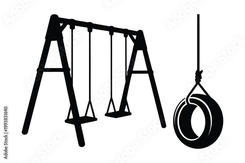 Playground equipment silhouette vector set of swings and tire swing