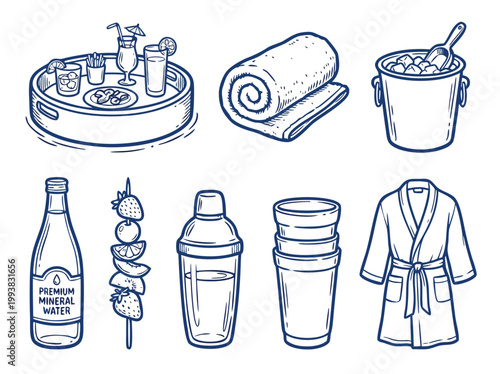 Spa and Wellness Items Illustration Tray Towel Ice Bucket Water Skewer Shaker Cups Robe.
