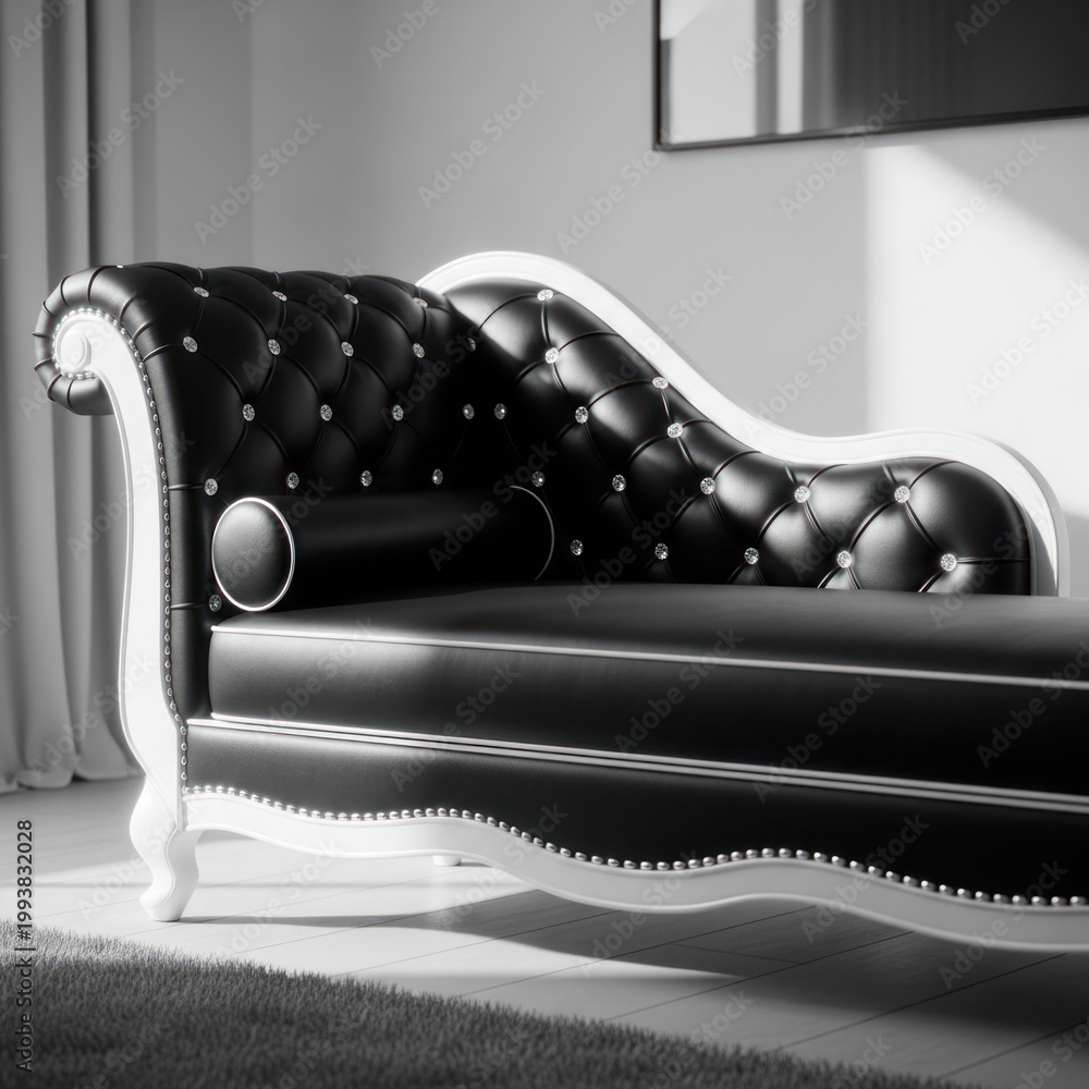Fototapeta premium Elegant Black Tufted Chaise Lounge with White Frame.