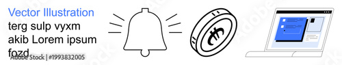 Notifications, fintech, online services, cryptocurrencies, digital tools, technology. Vector of a bell, a cryptocurrency coin with currency symbol and a laptop interface. Notifications and fintech
