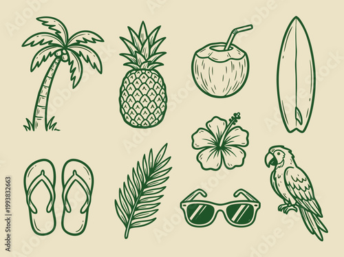 Tropical Summer Vacation Elements in HandDrawn Style.