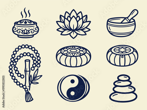 Zen and Meditation Icons Serene Elements for Spiritual Practices.