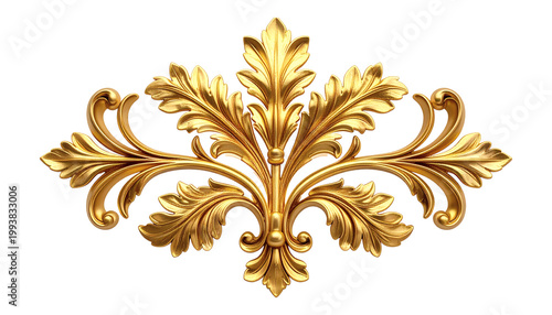 Luxurious golden ornate classical baroque acanthus leaf decorative flourish element with intricate symmetrical details and rich metallic texture, ideal for elegant design and ornamentation  