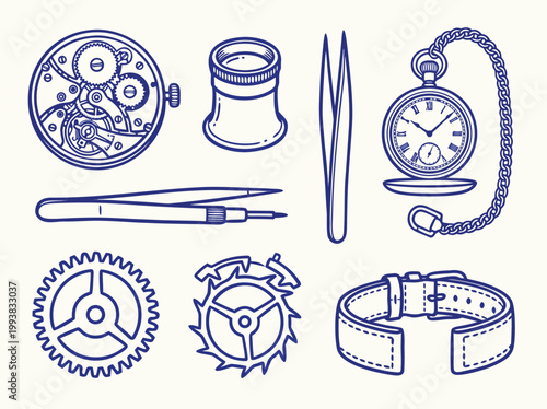 Watchmaking Tools and Watch Parts Illustration in Blue Ink.