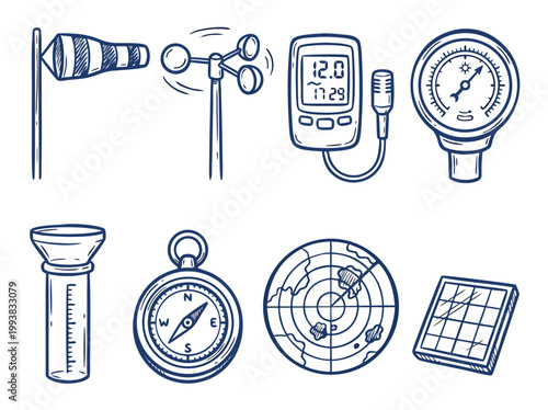 Weather Instruments and Tools Doodle Style Vector Illustration.