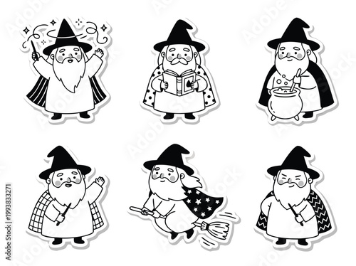 Whimsical Wizard Sticker Sheet with Magic and Fantasy Elements.