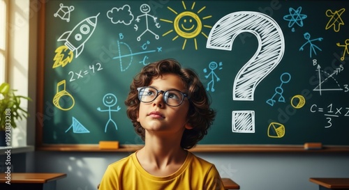 Curious young student with glasses looking up at a blackboard with drawings and a large question mark.