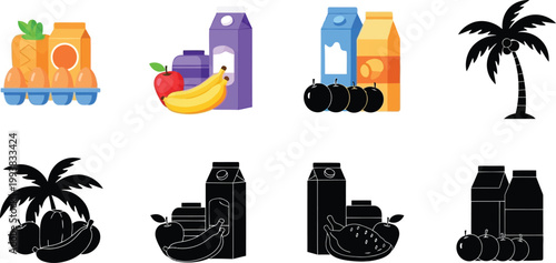 Cartoon illustrations of juice boxes and fruits with palm trees