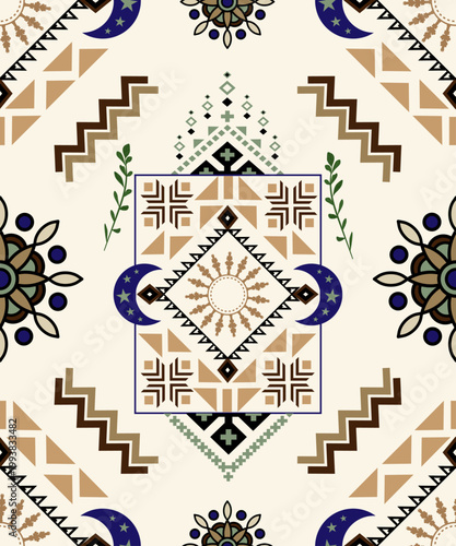 Celestial Tribal Geometric Motif with Sun and Crescent Moon Elements