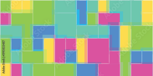 Vibrant geometric pattern with colorful squares and rectangles in green, blue, pink, and yellow hues