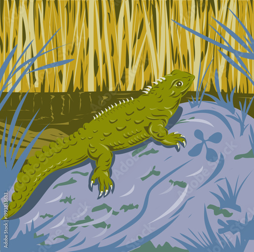 WPA poster art of a tuatara or Sphenodon in   Tiritiri Matangi Island located in the Hauraki Gulf of New Zealand done in works project administration or federal art project style.