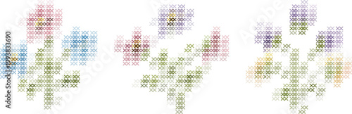 Colorfulcrossstitchfloralpatternswithleavesandstemsinpinkbluepurpleyellowgreenandorangehuesonwhitebackground
