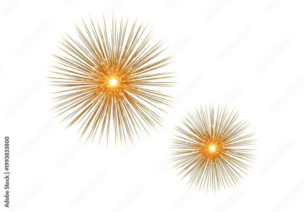 Obraz premium two photorealistic cgi starburst firework explosions composed of radiant, sparkling molten gold filaments against a transparent background, emphasizing high-end commercial graphic design concept