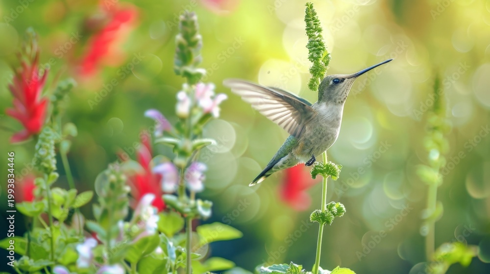 Fototapeta premium Hummingbird hovers near a green flower stem. Soft bokeh background with red and white blooms. Bright sunlight highlights wings in motion. Peaceful moment in a lush garden. Ideal for nature, wildlife