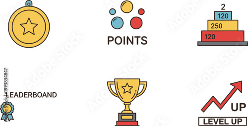 Gamification icons display rewards and progress for digital applications.
