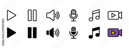 Multimedia icon set play pause rewind fast forward microphone music video outline, solid and color styles, white background