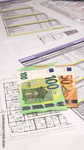Close-up of hands counting euro banknotes over construction blueprints and cost calculations, illustrating budgeting, expense control, and financial planning in building and real estate development. 