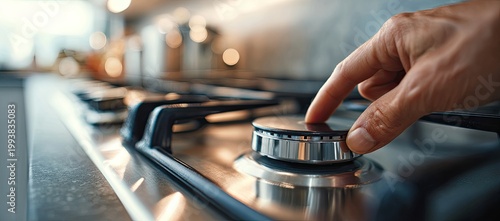 Hand turning a modern kitchen stovetop's gas burner knob, readying to cook