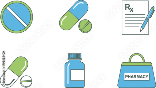 Pharmaceutical icons demonstrate medicine bottles and capsules clearly now.