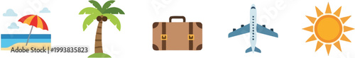 Travel icons illustrate various elements of a tropical vacation and holiday.