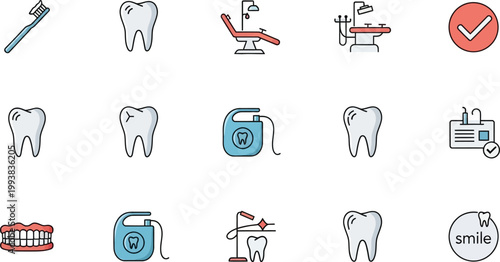 Dental icons represent various oral health tools and hygiene practices.
