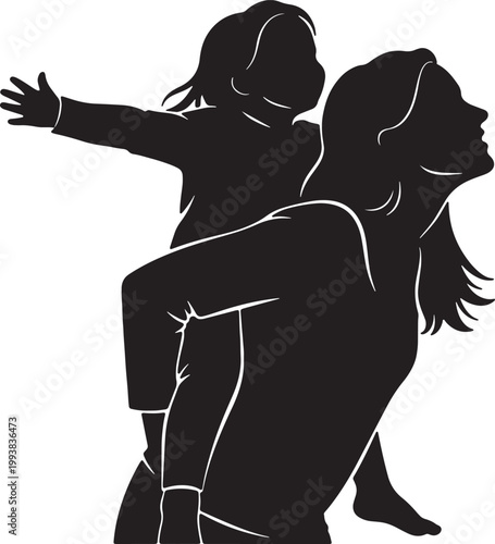 Bild auf Leinwand A cheerful black silhouette of a mother giving her happy child a piggyback ride, showing joy and active family time