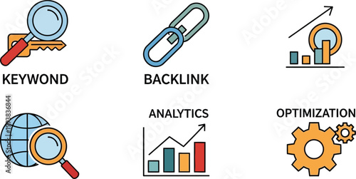 Search engine optimization icons represent key digital marketing.
