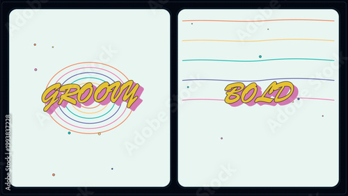 Retro groovy and bold typography vector set, vintage 70s style aesthetic posters with pastel rainbow lines, nostalgic graphic design elements