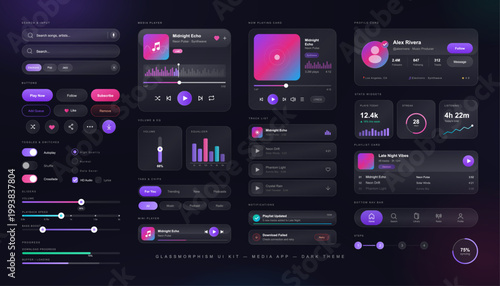 Glassmorphism Music App UI Kit in Neon Style. UI elements for music and media app featuring player cards, buttons, icons, bars, widgets, sliders, audio player, toggles. Vector interface components
