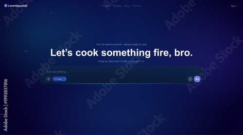 Futuristic AI Landing Page Hero Interface in Dark Blue Gradient. Modern AI website landing page concept with glowing dark gradient background. Chat with AI, web page template. Vector background