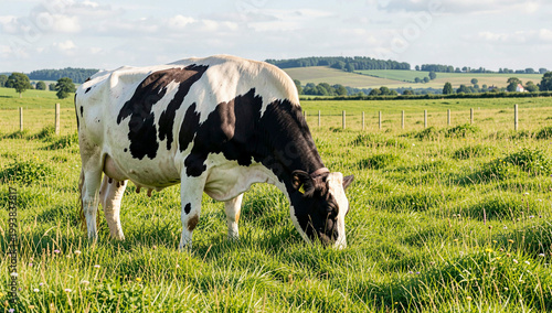 A black and white cow grazing on lush green grass in an open field with hills in the distance.