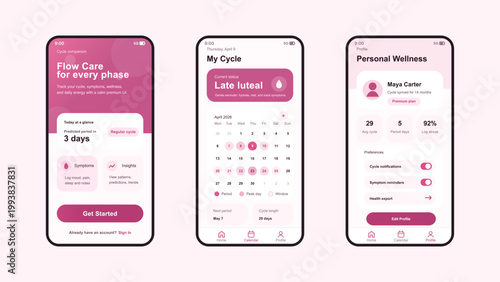 Period Tracking App UI Screens in Soft Pink Wellness Style. Modern femtech mobile app interface with cycle tracking, calendar view, symptom logging. Period Tracking Vector Application