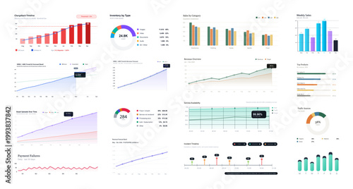 Business Infographic Set with Charts, Graphs and Analytics Elements.
Collection of business infographic elements featuring charts, graphs, timelines, donut diagrams, bar visuals. Vector graphic set