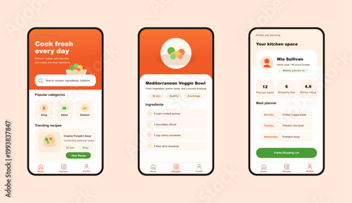 Cooking Recipe and Meal Planner App UI Screens. Modern mobile cooking app interface with recipe discovery, ingredient lists, meal planning, profile tools, and grocery workflow in a warm. Vector 