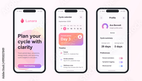 Period Tracking App Screens in Soft Pastel Wellness UI. Mockup on three mobile application screens for period tracking with cycle calendar, wellness timeline, reminders. Vector Period Tracking App