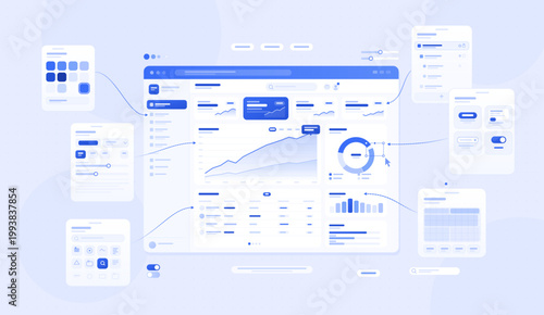 Website Builder Illustration with Design, Setup and Code. Minimal website builder illustration showing layout design, site setup, content panels, UI. App Development and creation, vector illustration