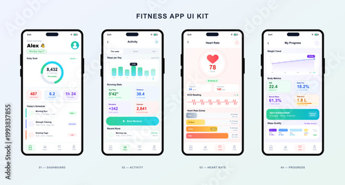 Fitness App UI Kit with Activity and Health Screens. Modern fitness mobile app UI, UX kit featuring dashboard, activity tracking, heart rate monitoring, progress analytics screens. Vector Application