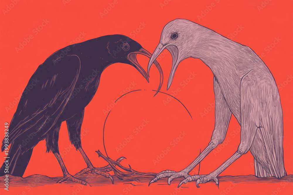 Fototapeta premium Two Birds Clash With a Raccoon in a Dissonant Dream