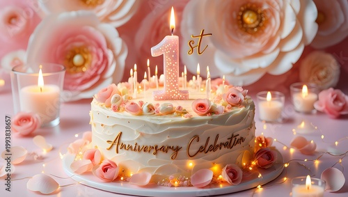1st anniversary celebration cake with pink roses and candles