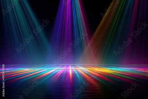 Vibrant spotlights illuminate a dark reflective stage, casting colorful streaking lights