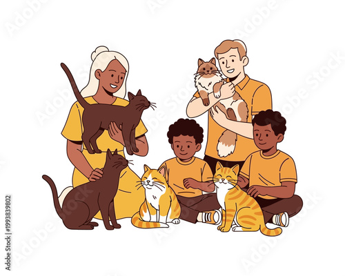 Diverse family with two adults and two children happily interacting with their five pet cats.
