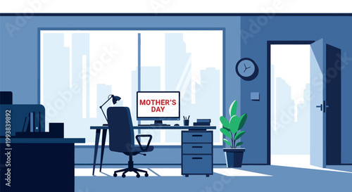 Modern office desk with "Mother's Day" message on screen, symbolizing work-life balance and appreciation.